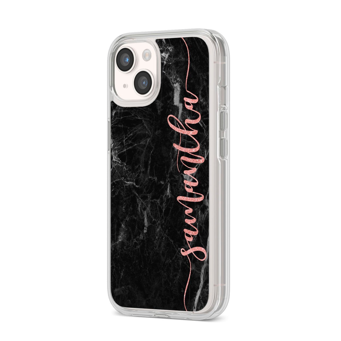 Black Marble Vertical Glitter Personalised Name iPhone 14 Clear Tough Case Starlight Angled Image