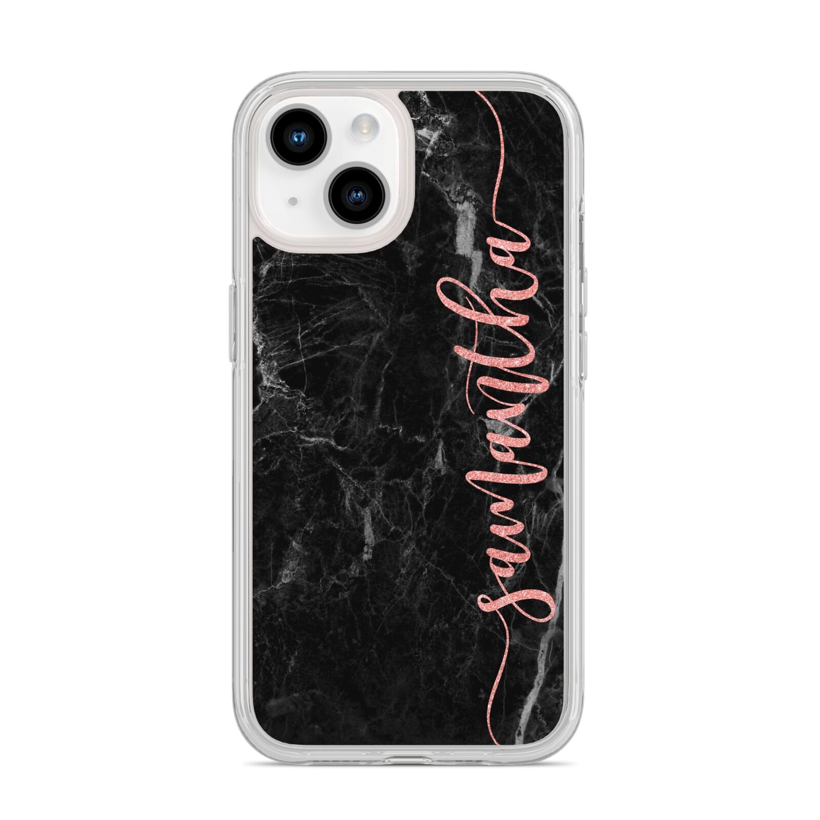 Black Marble Vertical Glitter Personalised Name iPhone 14 Clear Tough Case Starlight