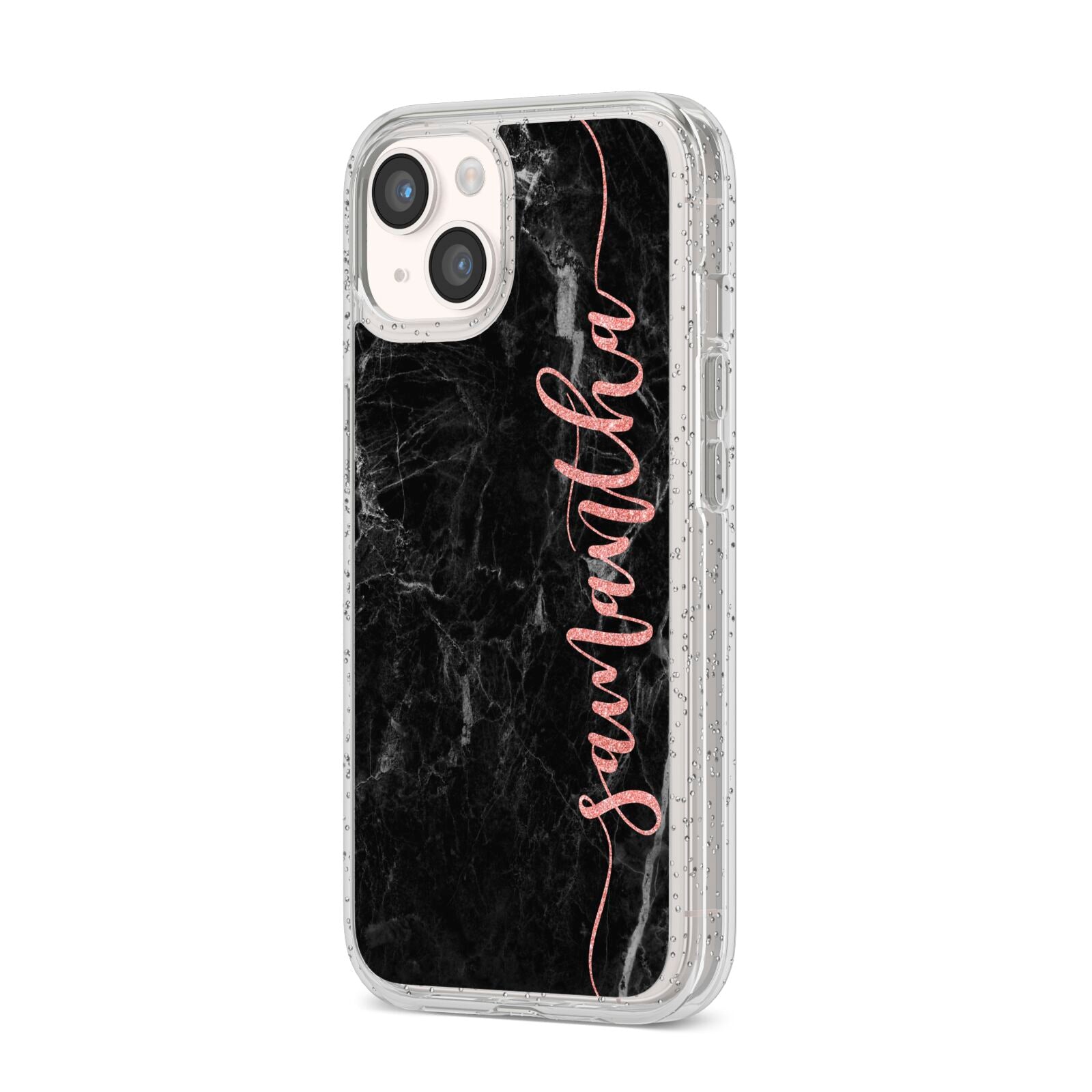 Black Marble Vertical Glitter Personalised Name iPhone 14 Glitter Tough Case Starlight Angled Image