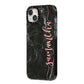 Black Marble Vertical Glitter Personalised Name iPhone 14 Plus Black Impact Case Side Angle on Silver phone