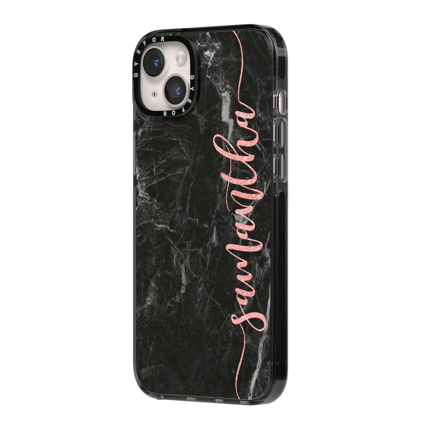Black Marble Vertical Glitter Personalised Name iPhone 14 Plus Black Impact Case Side Angle on Silver phone
