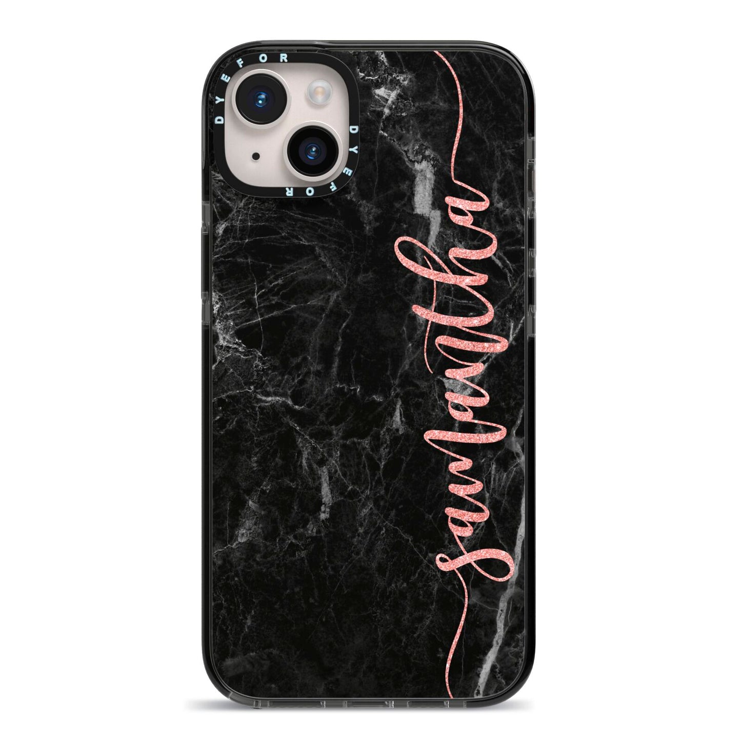 Black Marble Vertical Glitter Personalised Name iPhone 14 Plus Black Impact Case on Silver phone