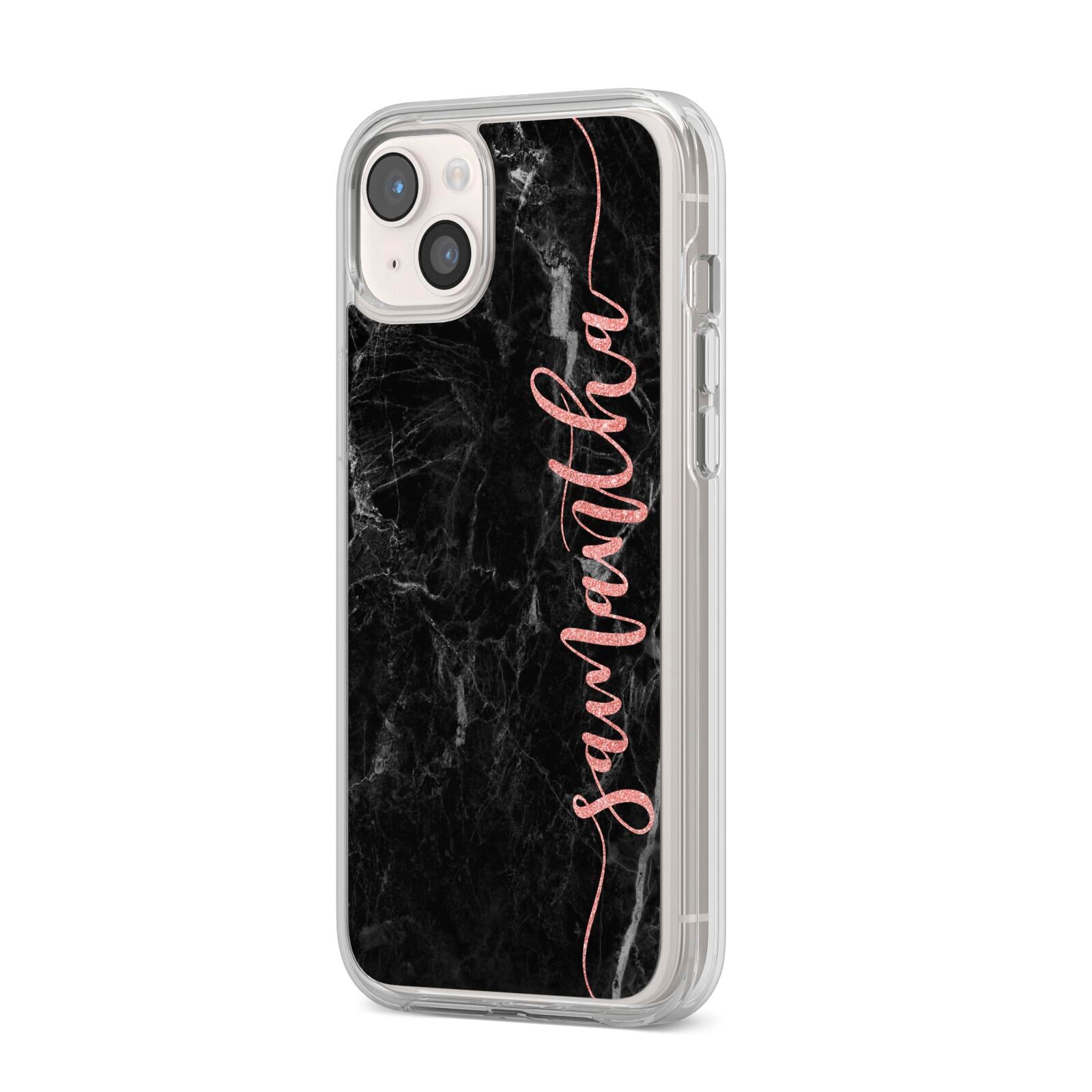 Black Marble Vertical Glitter Personalised Name iPhone 14 Plus Clear Tough Case Starlight Angled Image