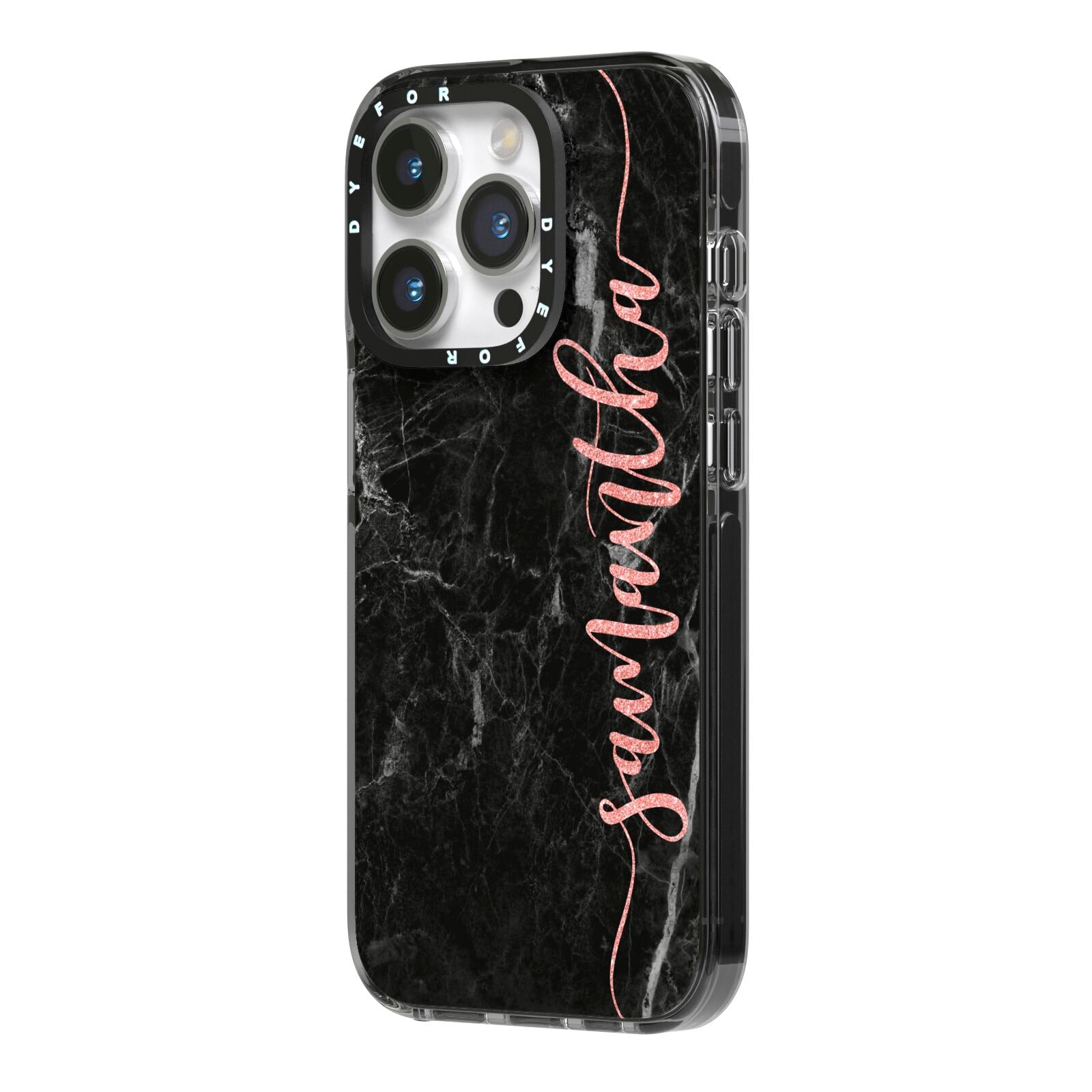 Black Marble Vertical Glitter Personalised Name iPhone 14 Pro Black Impact Case Side Angle on Silver phone
