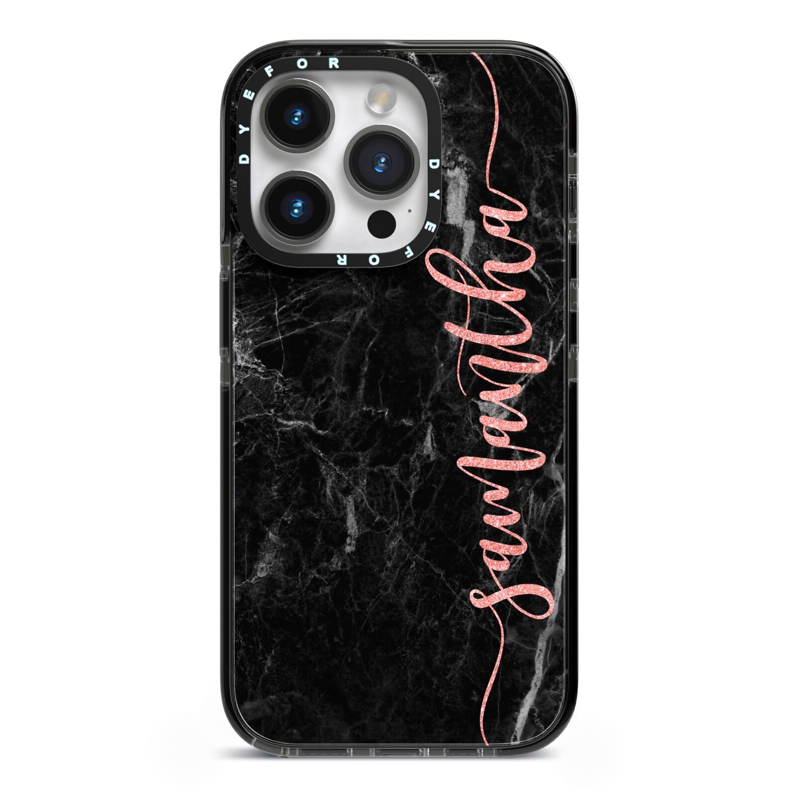 Black Marble Vertical Glitter Personalised Name iPhone 14 Pro Black Impact Case on Silver phone