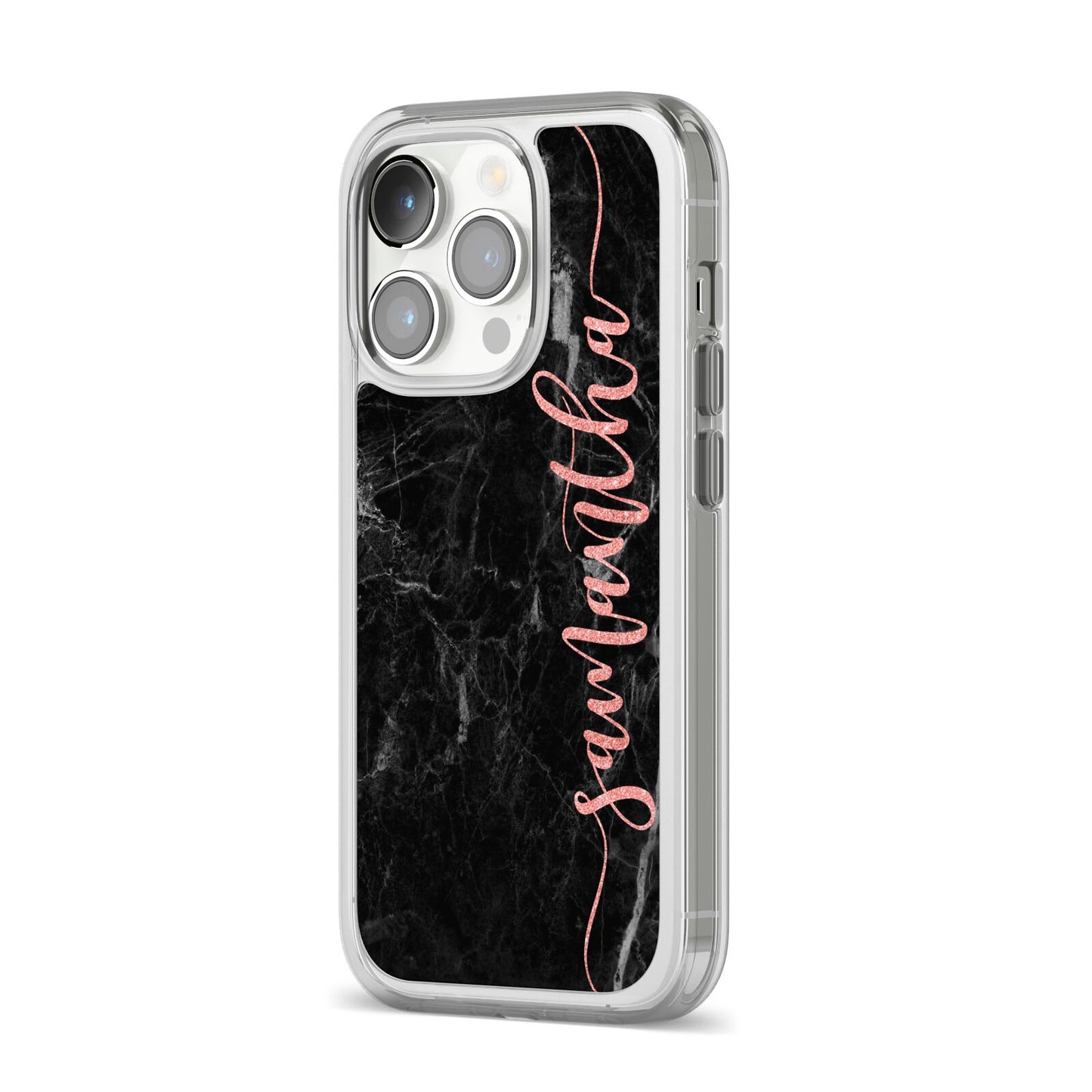 Black Marble Vertical Glitter Personalised Name iPhone 14 Pro Clear Tough Case Silver Angled Image