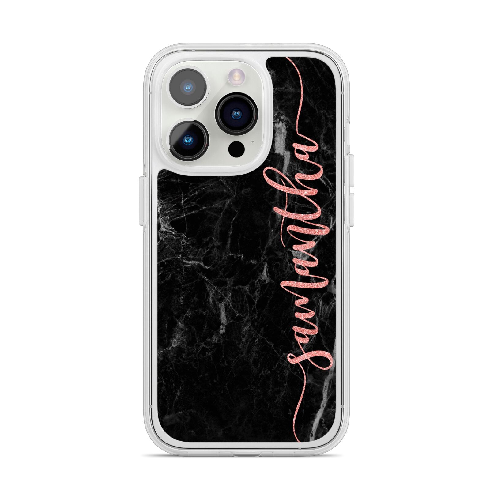 Black Marble Vertical Glitter Personalised Name iPhone 14 Pro Clear Tough Case Silver