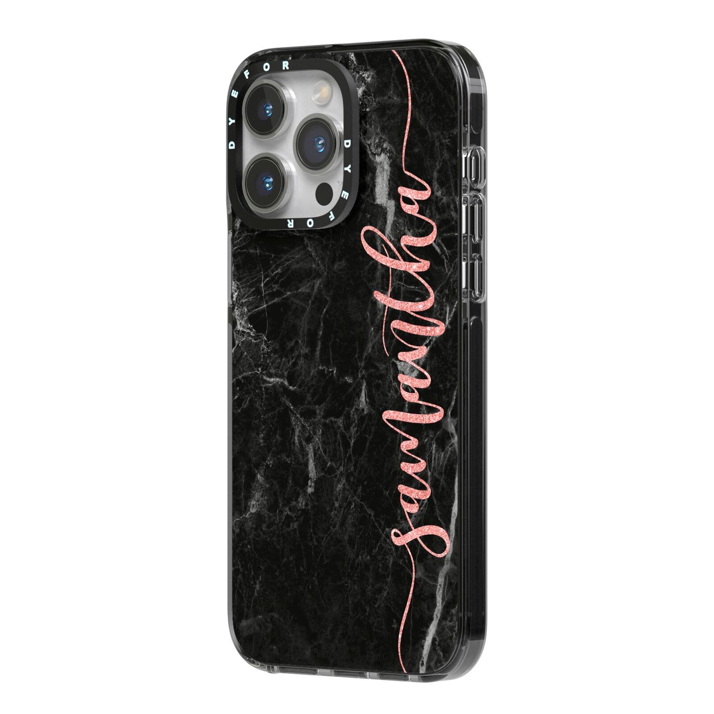 Black Marble Vertical Glitter Personalised Name iPhone 14 Pro Max Black Impact Case Side Angle on Silver phone