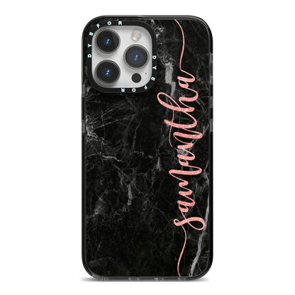 Black Marble Vertical Glitter Personalised Name iPhone 14 Pro Max Black Impact Case on Silver phone