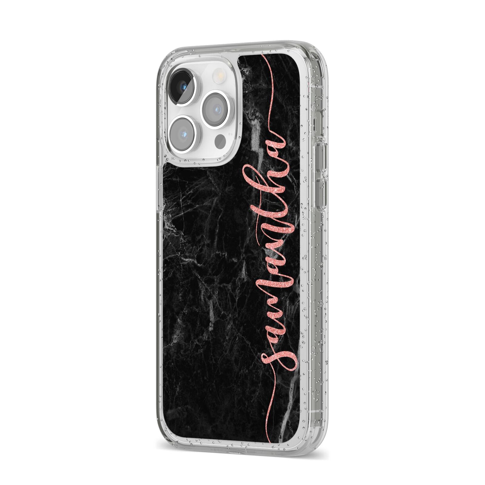Black Marble Vertical Glitter Personalised Name iPhone 14 Pro Max Glitter Tough Case Silver Angled Image
