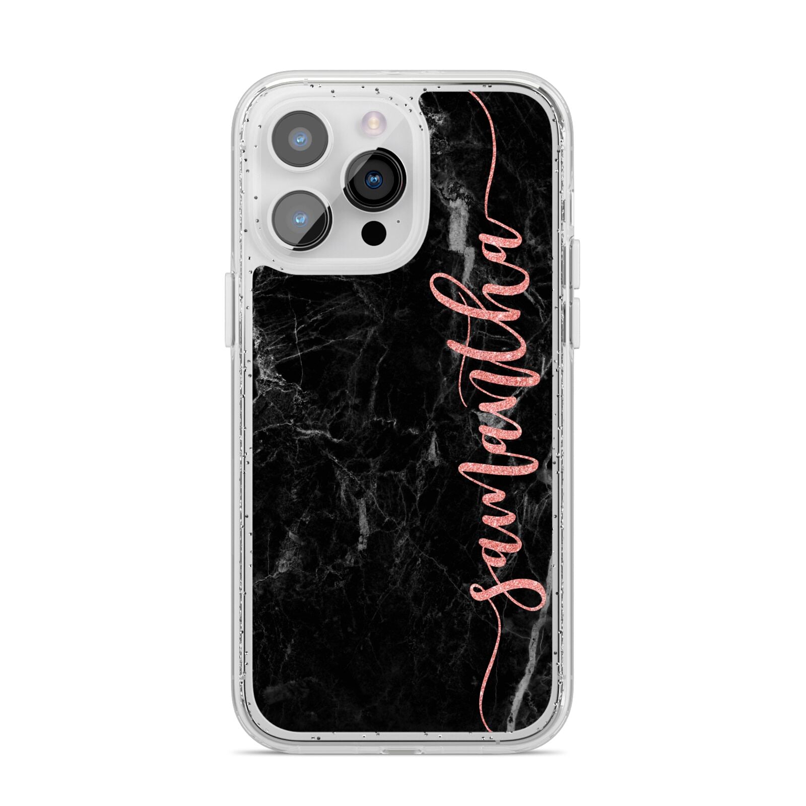 Black Marble Vertical Glitter Personalised Name iPhone 14 Pro Max Glitter Tough Case Silver