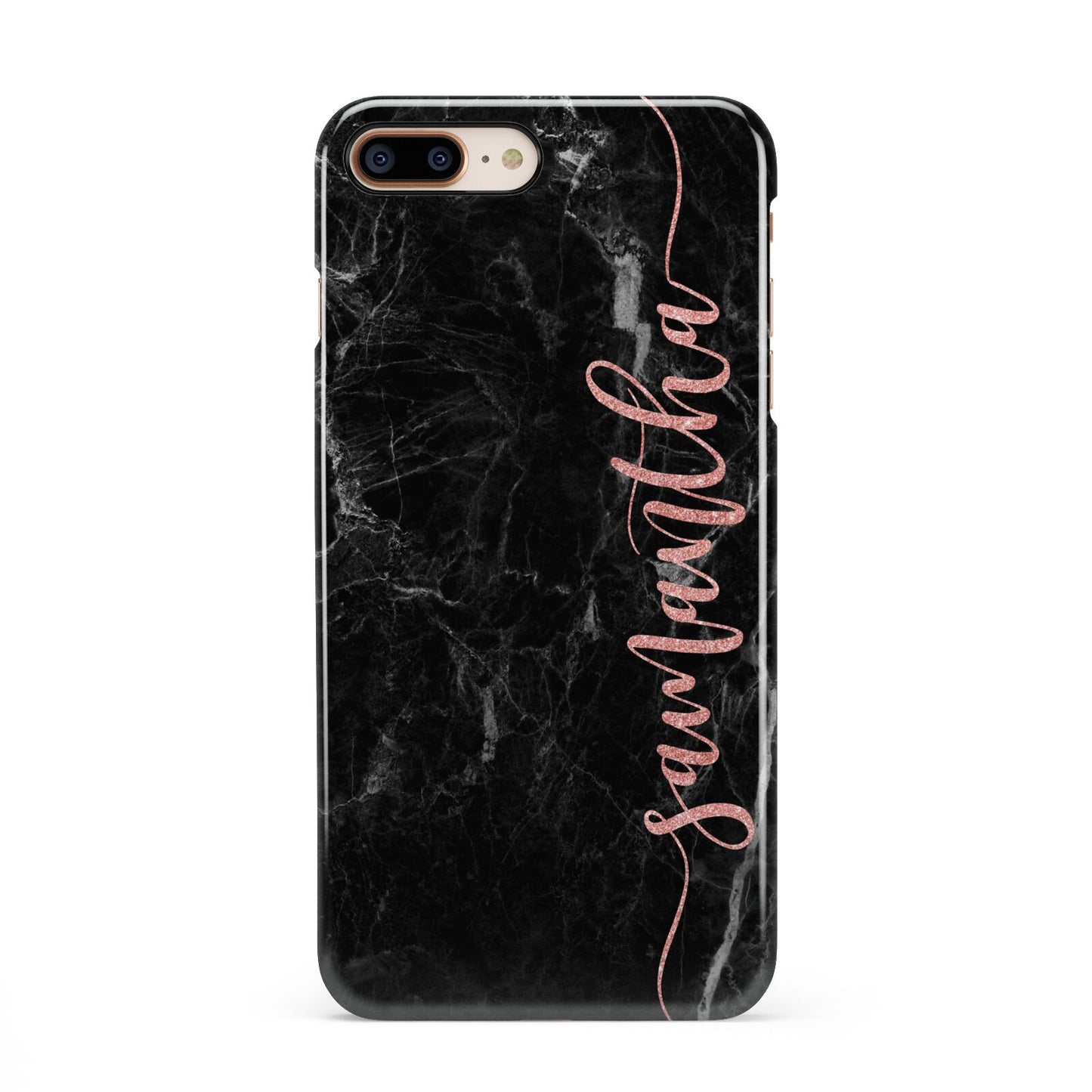 Black Marble Vertical Glitter Personalised Name iPhone 8 Plus 3D Snap Case on Gold Phone