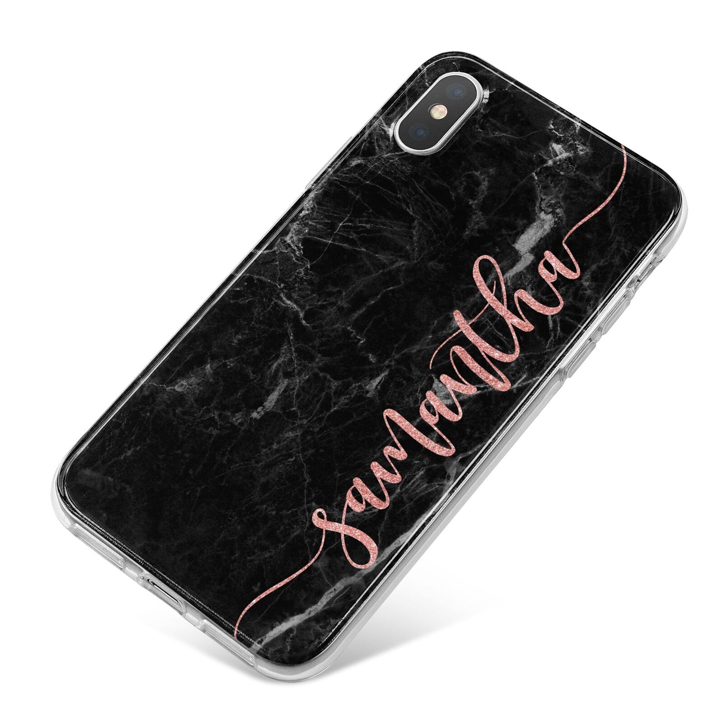 Black Marble Vertical Glitter Personalised Name iPhone X Bumper Case on Silver iPhone