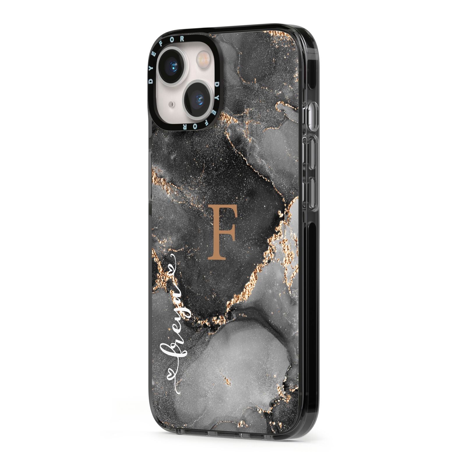 Black Marble iPhone 13 Black Impact Case Side Angle on Silver phone