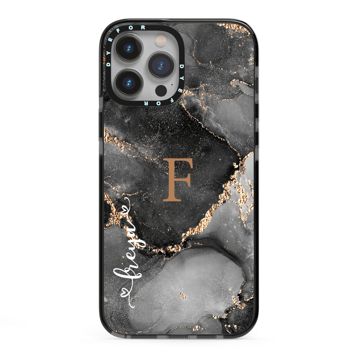 Black Marble iPhone 13 Pro Max Black Impact Case on Silver phone