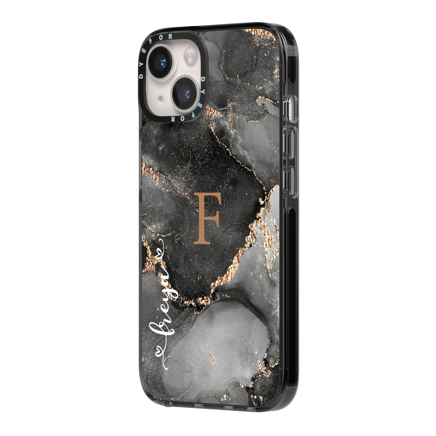 Black Marble iPhone 14 Black Impact Case Side Angle on Silver phone