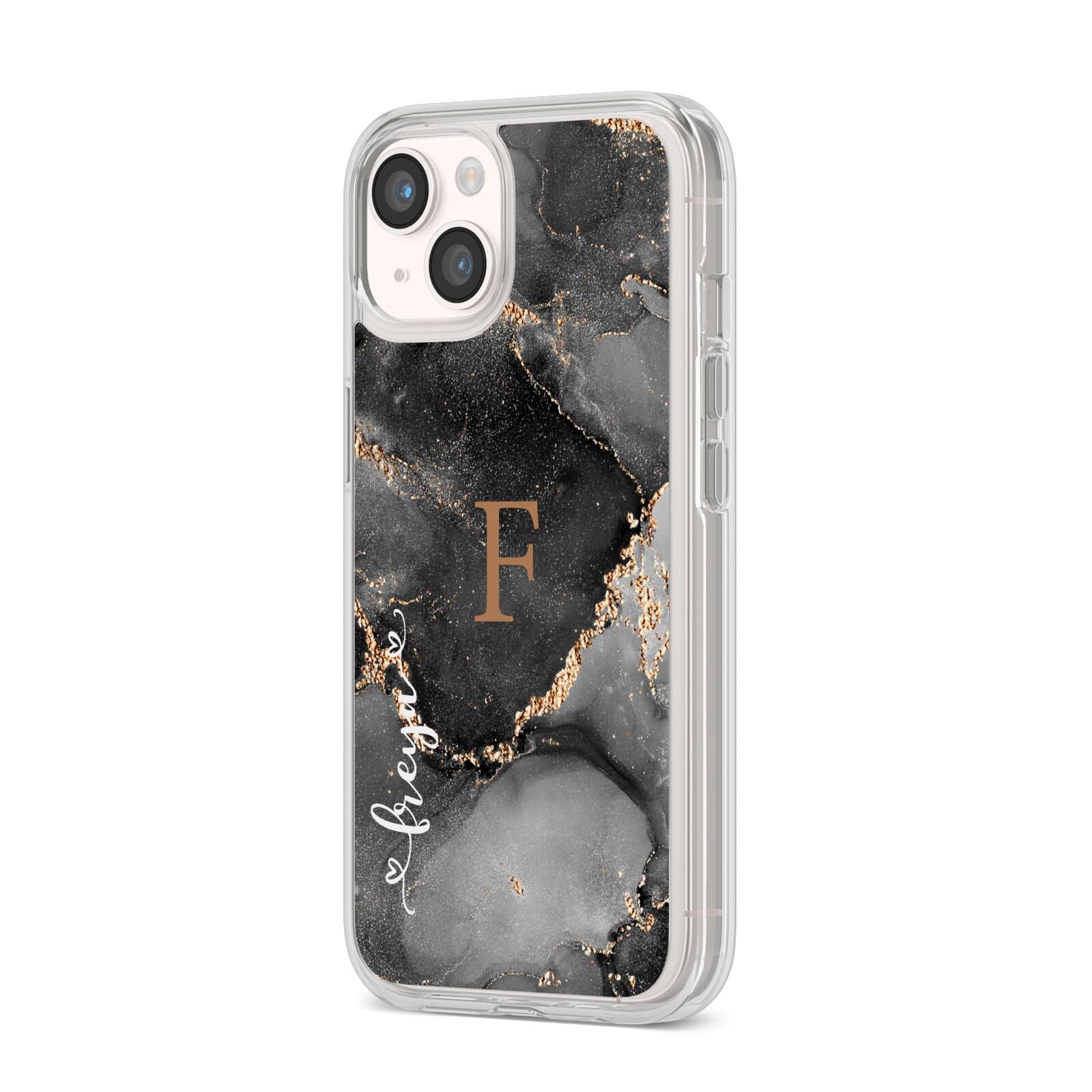 Black Marble iPhone 14 Clear Tough Case Starlight Angled Image