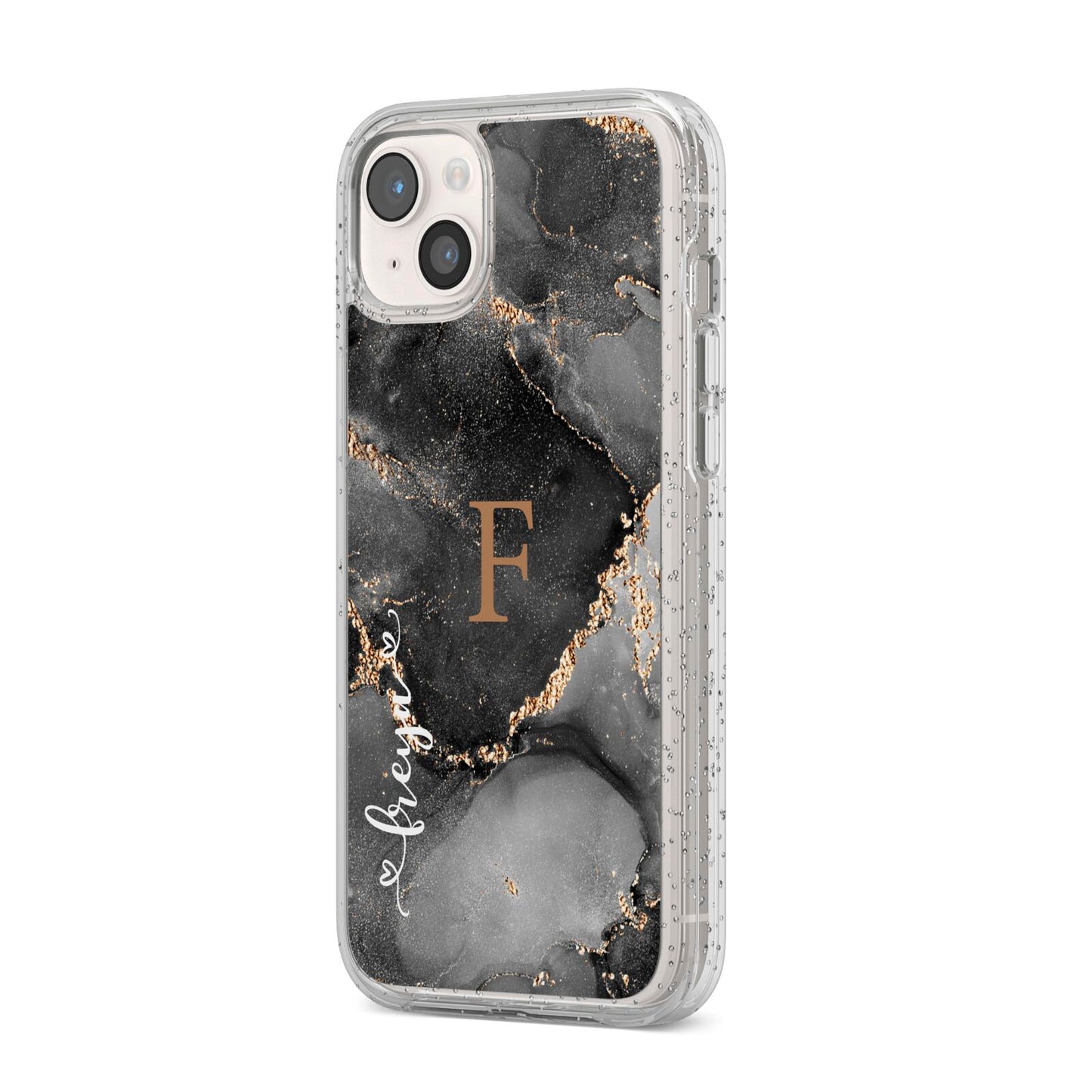 Black Marble iPhone 14 Plus Glitter Tough Case Starlight Angled Image
