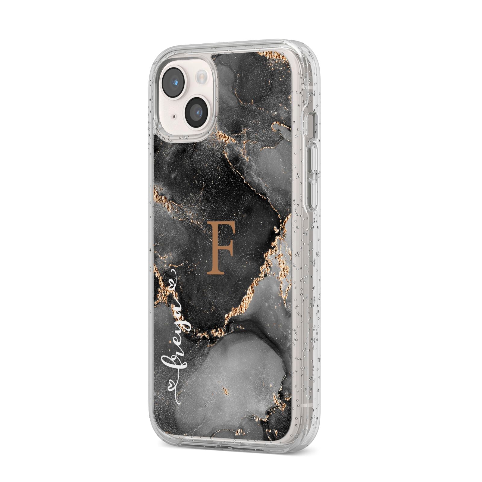 Black Marble iPhone 14 Plus Glitter Tough Case Starlight Angled Image