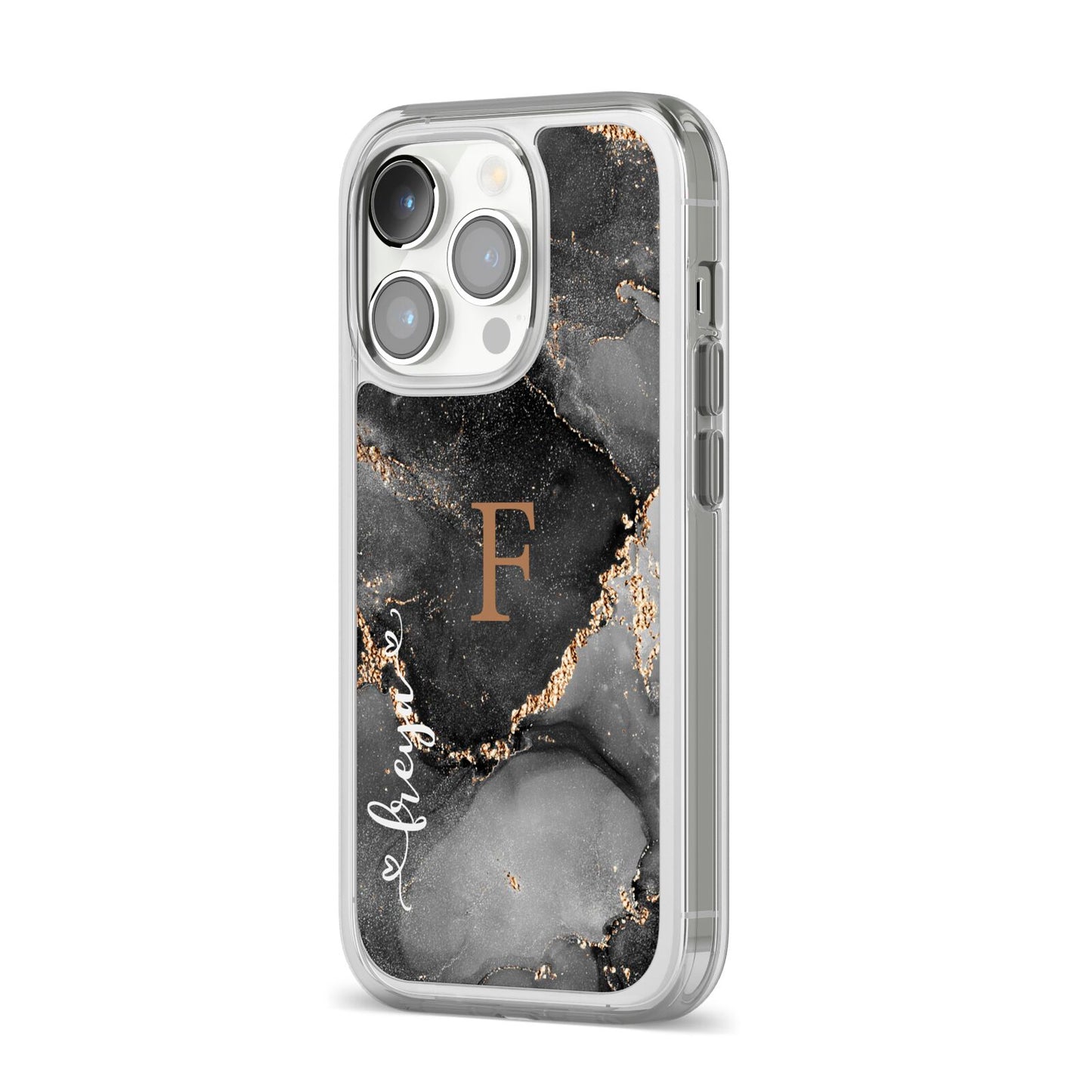 Black Marble iPhone 14 Pro Clear Tough Case Silver Angled Image