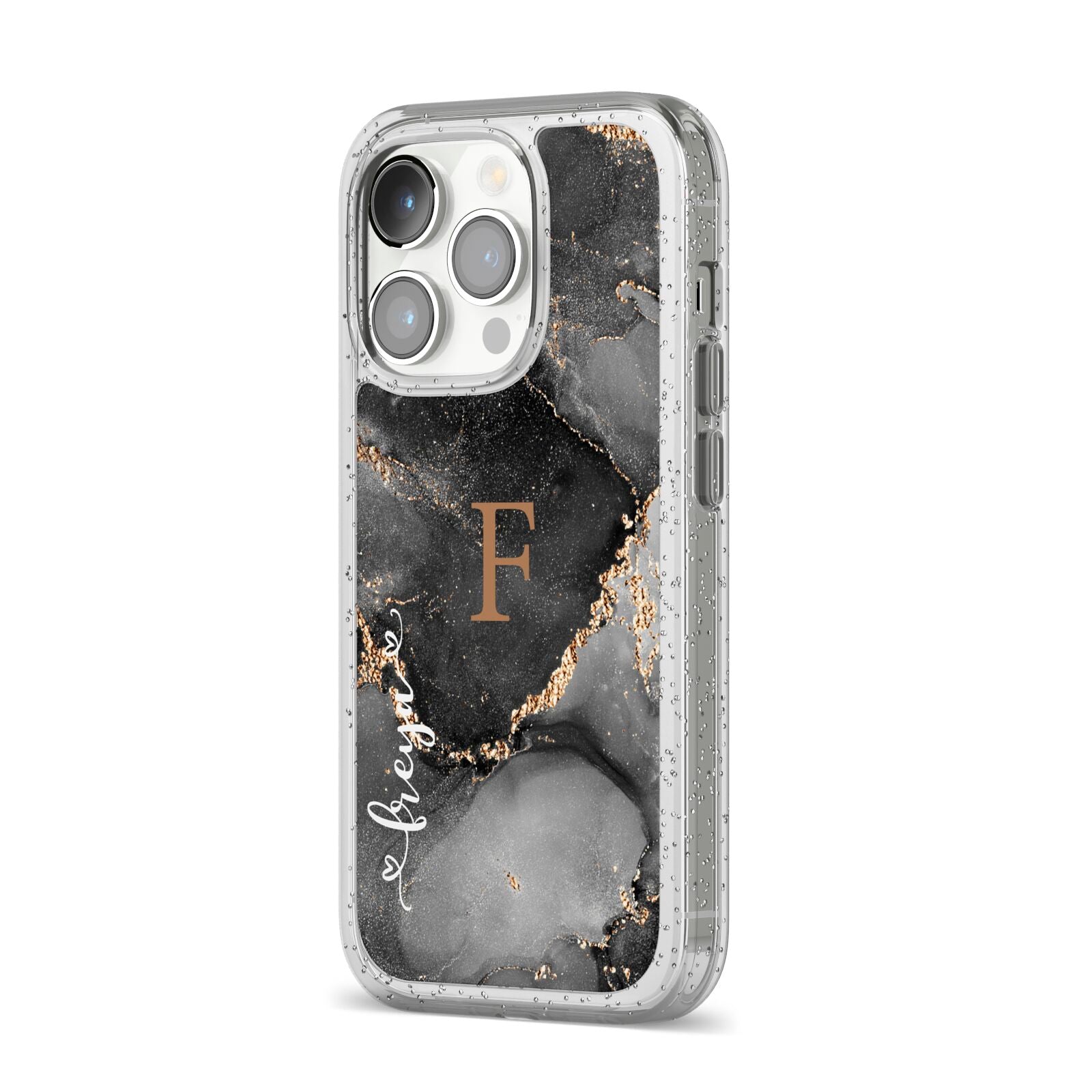 Black Marble iPhone 14 Pro Glitter Tough Case Silver Angled Image