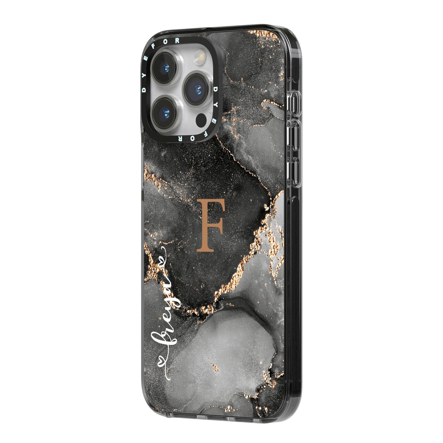 Black Marble iPhone 14 Pro Max Black Impact Case Side Angle on Silver phone