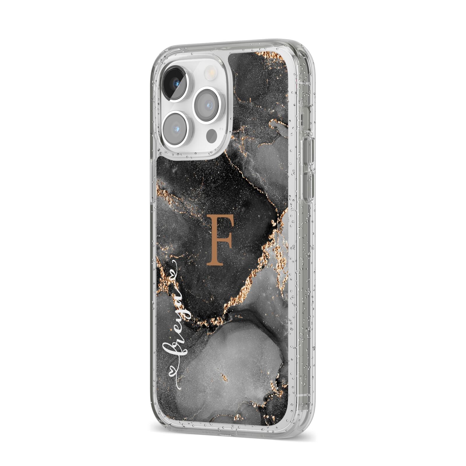 Black Marble iPhone 14 Pro Max Glitter Tough Case Silver Angled Image