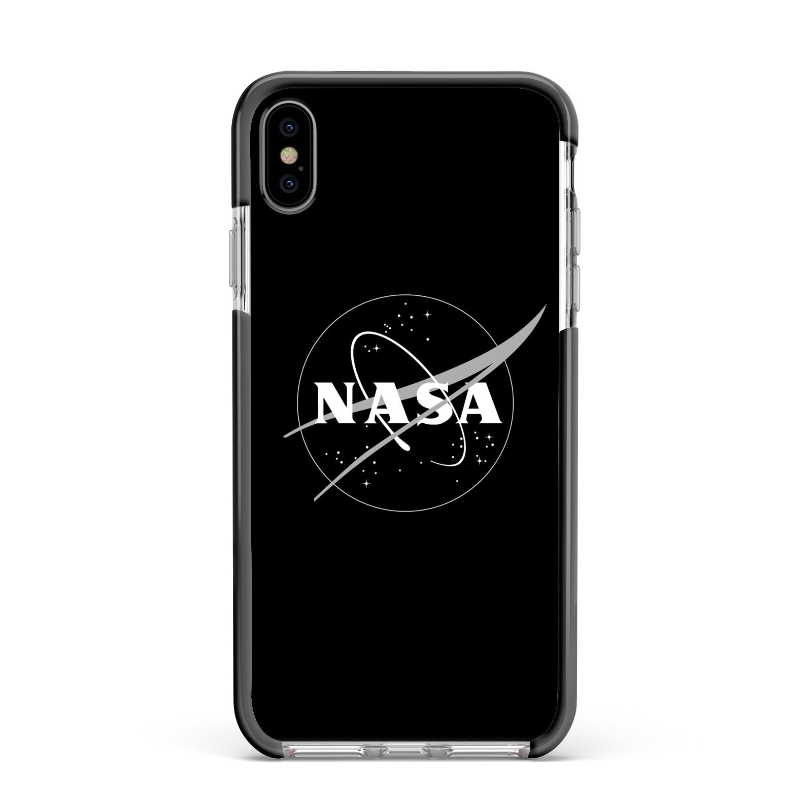 Black NASA Meatball Apple iPhone Xs Max Impact Case Black Edge on Silver Phone