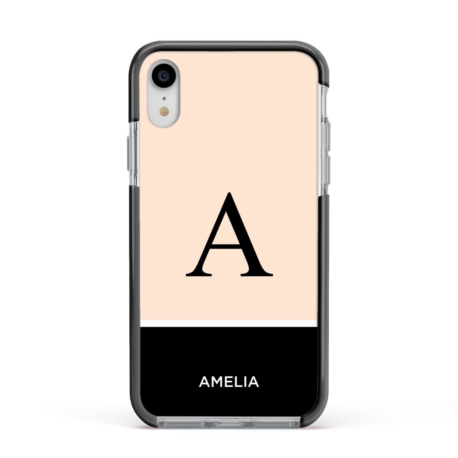 Black Neutral Personalised Initial Apple iPhone XR Impact Case Black Edge on Silver Phone