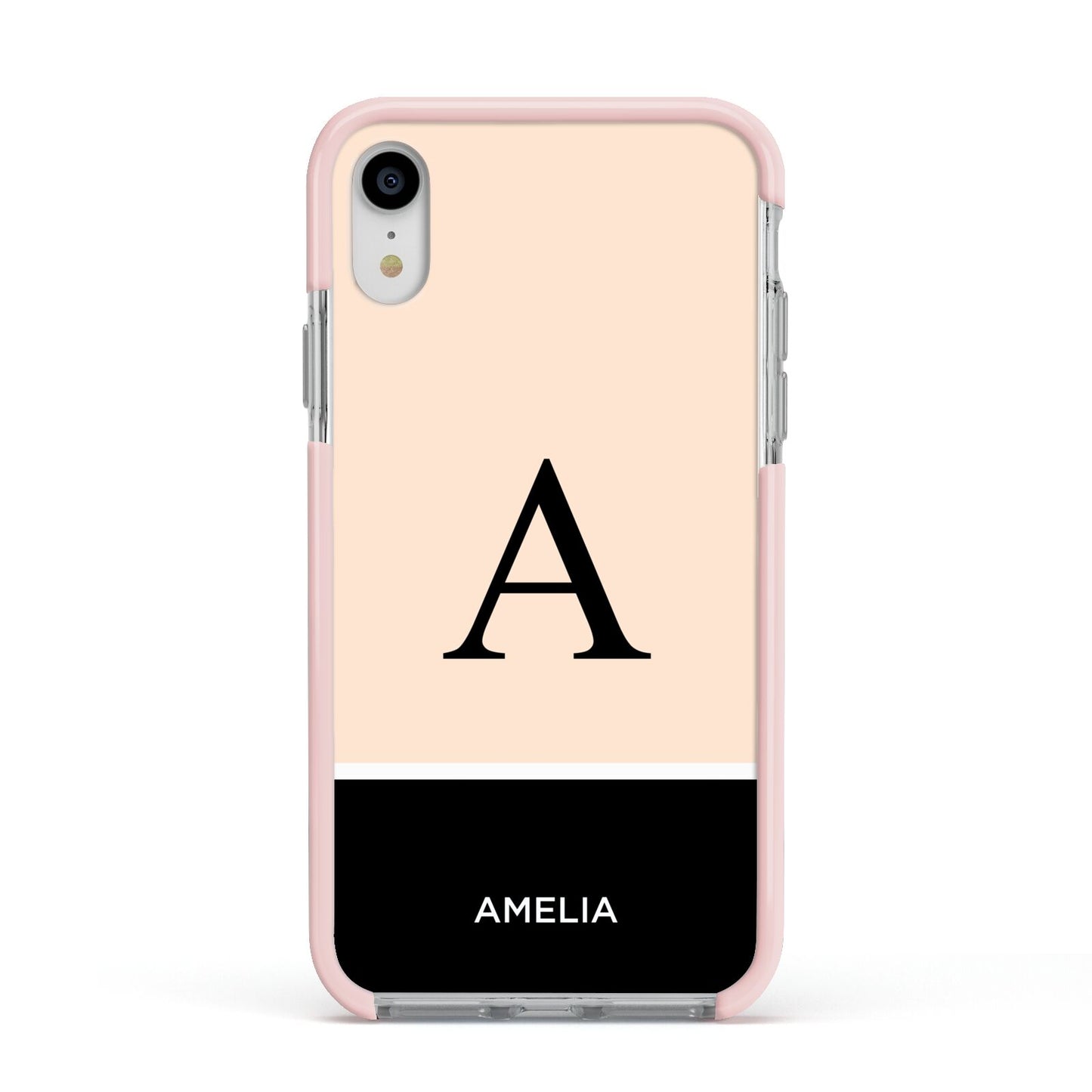 Black Neutral Personalised Initial Apple iPhone XR Impact Case Pink Edge on Silver Phone
