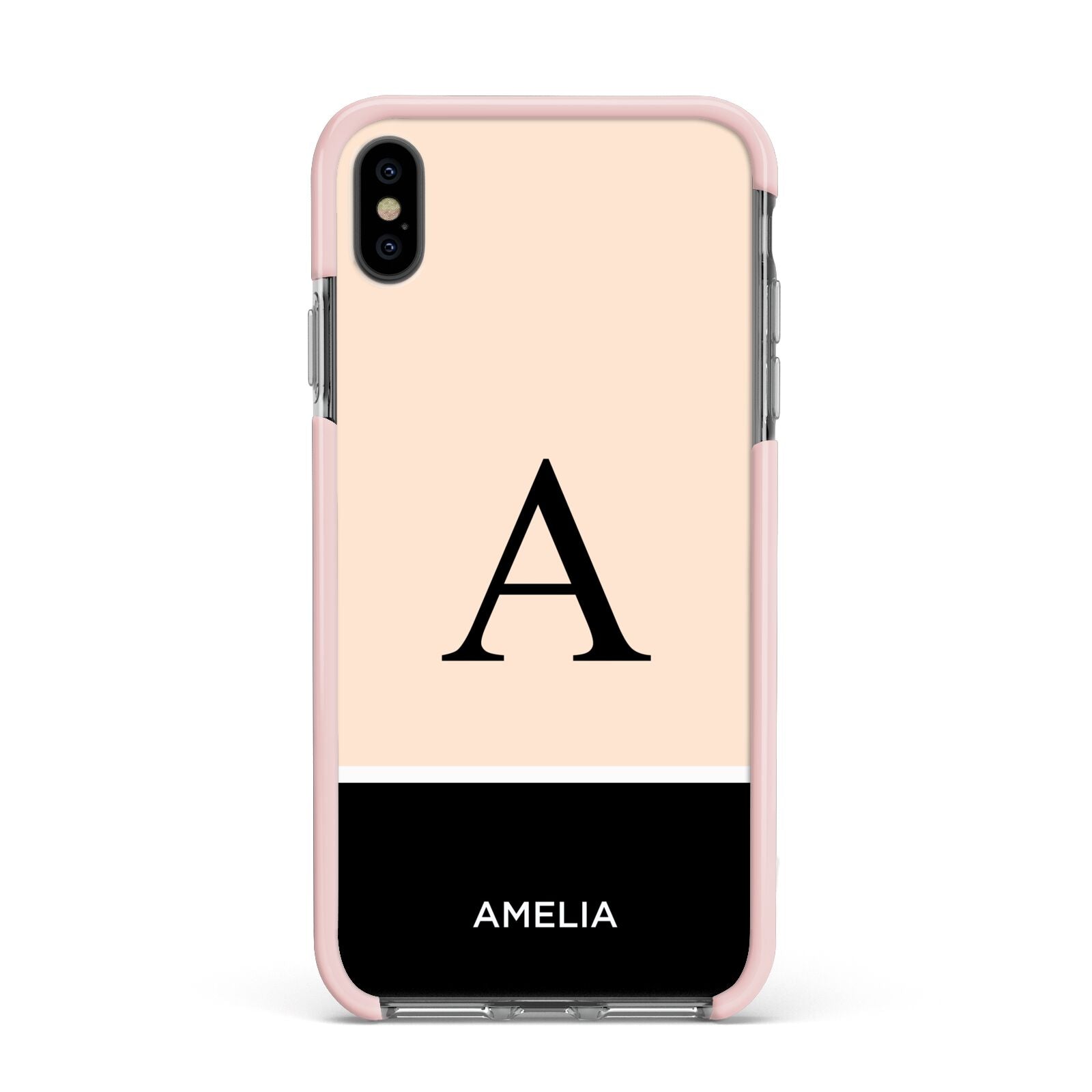 Black Neutral Personalised Initial Apple iPhone Xs Max Impact Case Pink Edge on Black Phone
