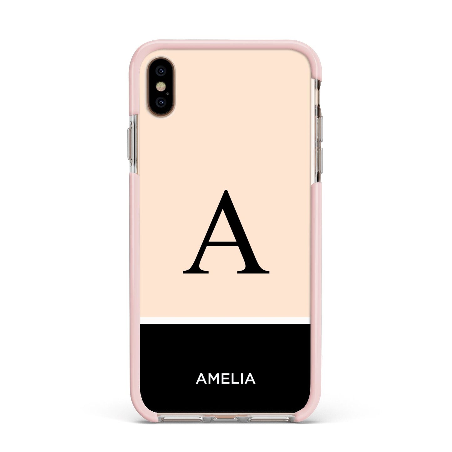 Black Neutral Personalised Initial Apple iPhone Xs Max Impact Case Pink Edge on Gold Phone