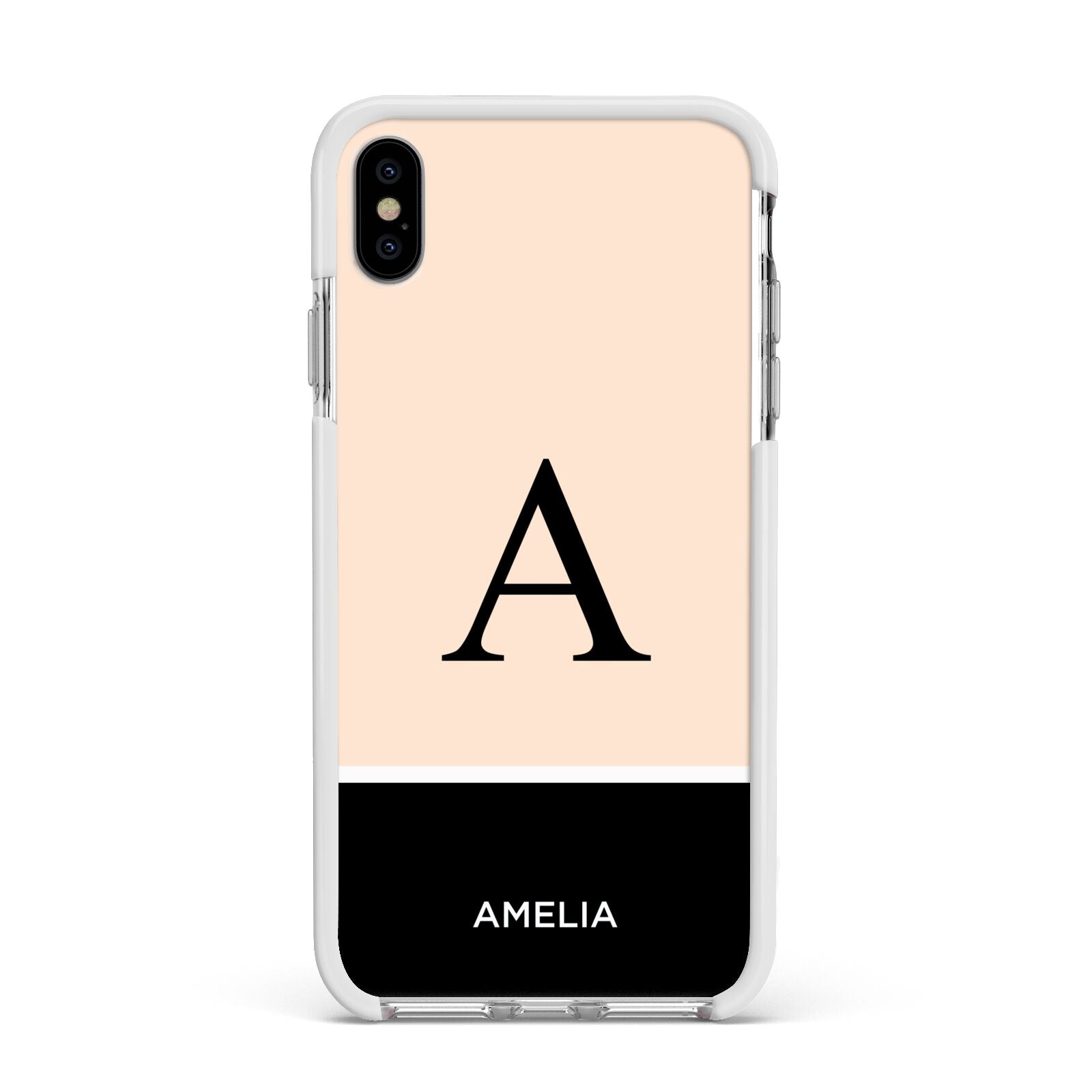 Black Neutral Personalised Initial Apple iPhone Xs Max Impact Case White Edge on Silver Phone
