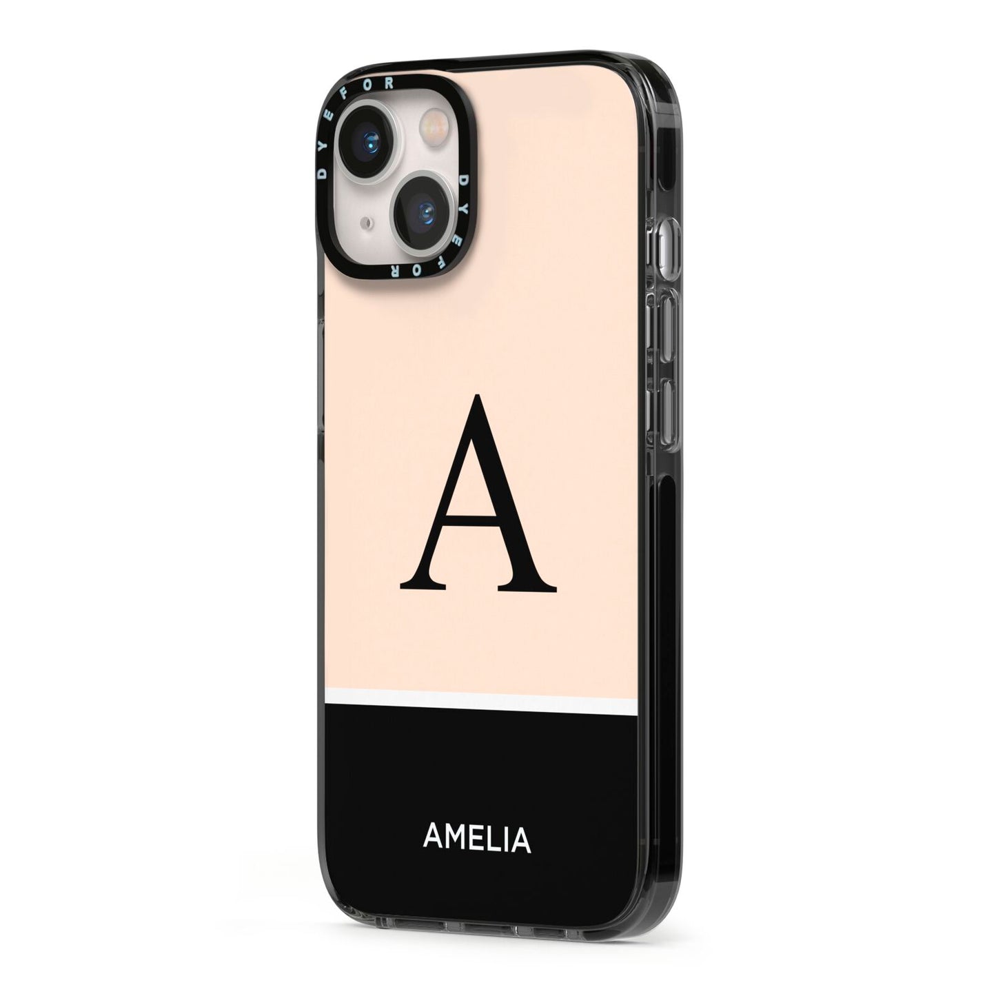 Black Neutral Personalised Initial iPhone 13 Black Impact Case Side Angle on Silver phone