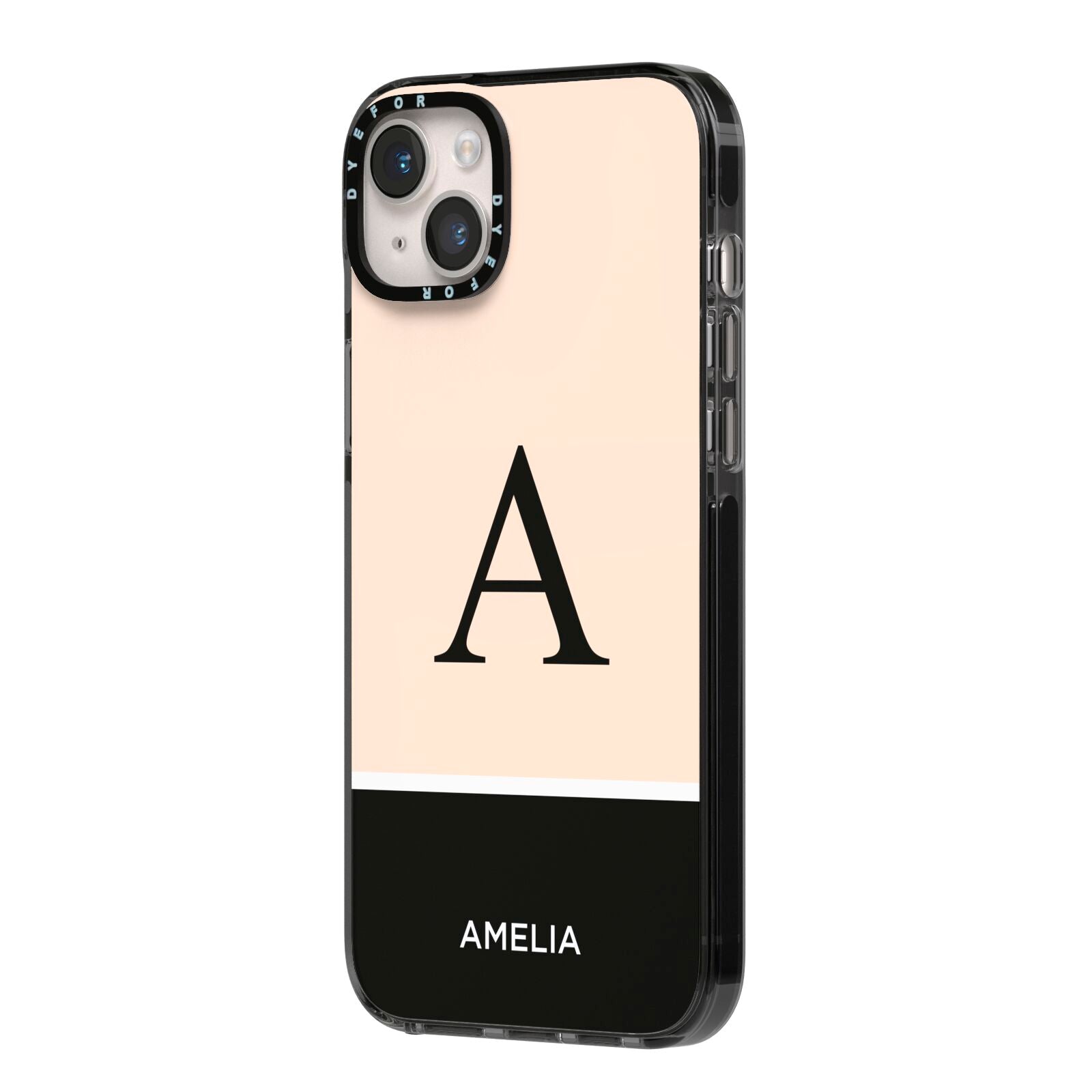 Black Neutral Personalised Initial iPhone 14 Plus Black Impact Case Side Angle on Silver phone