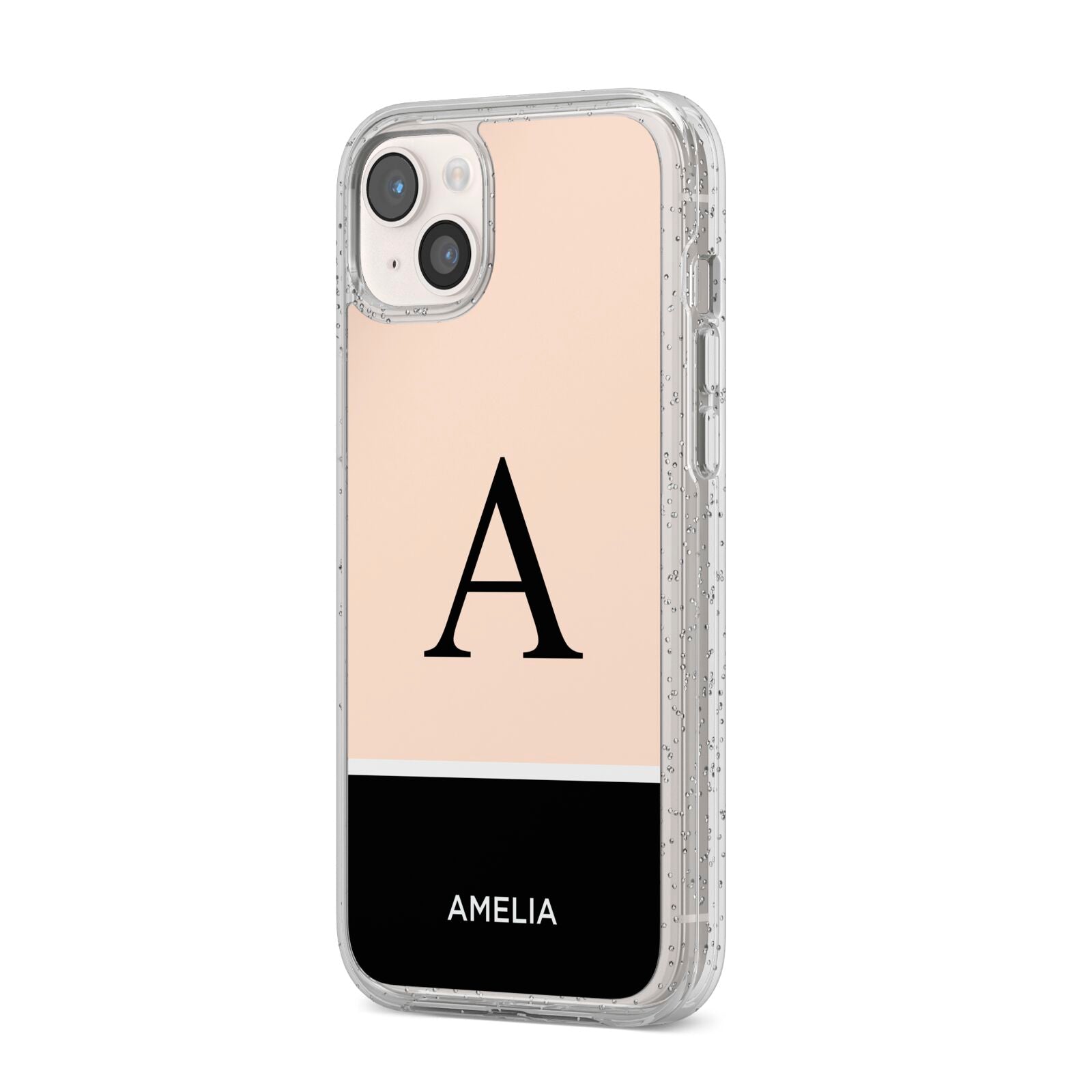 Black Neutral Personalised Initial iPhone 14 Plus Glitter Tough Case Starlight Angled Image