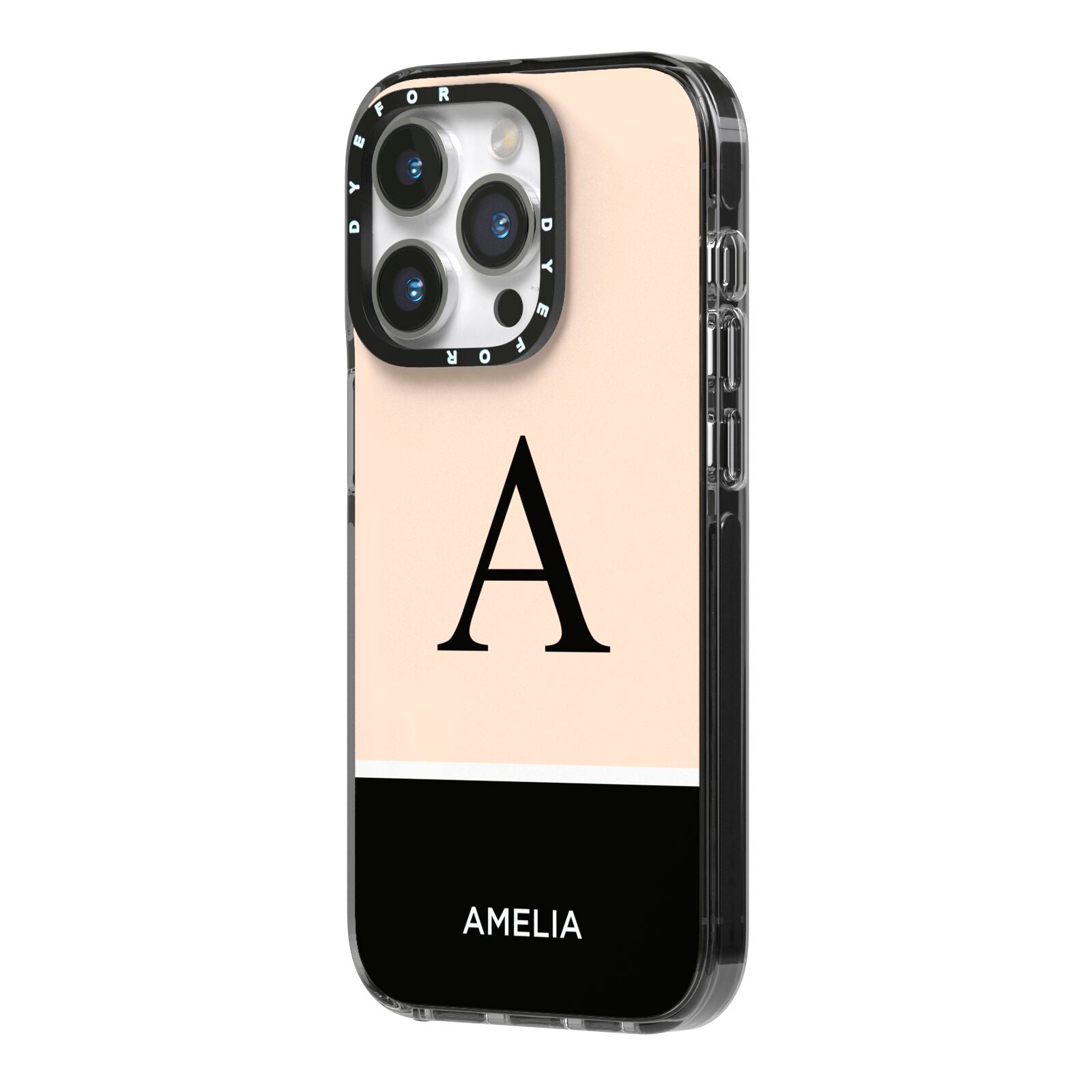 Black Neutral Personalised Initial iPhone 14 Pro Black Impact Case Side Angle on Silver phone