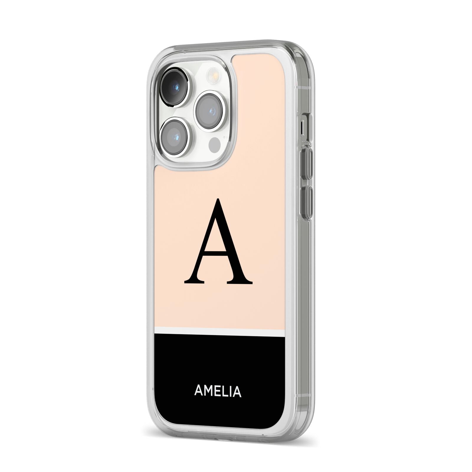 Black Neutral Personalised Initial iPhone 14 Pro Clear Tough Case Silver Angled Image