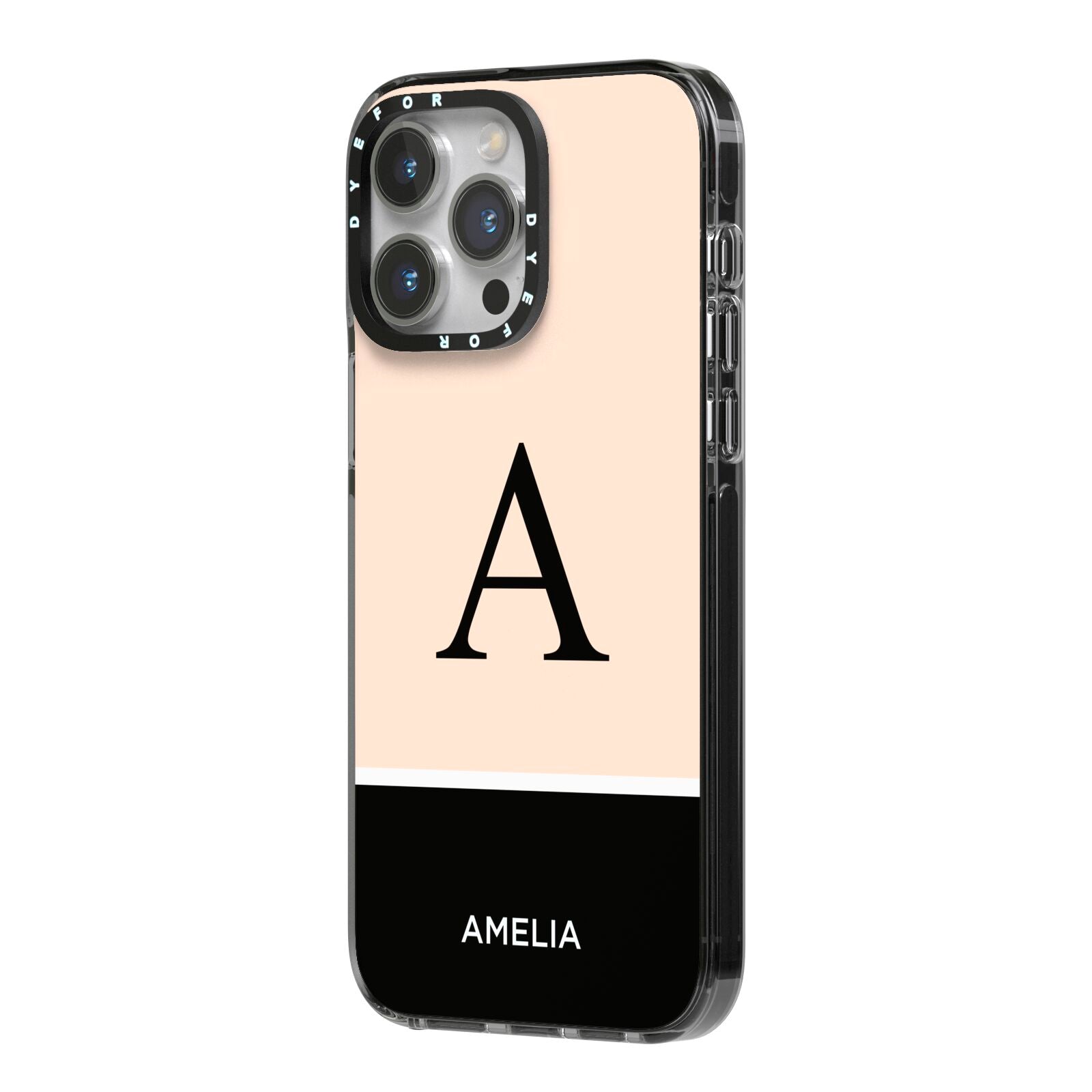 Black Neutral Personalised Initial iPhone 14 Pro Max Black Impact Case Side Angle on Silver phone