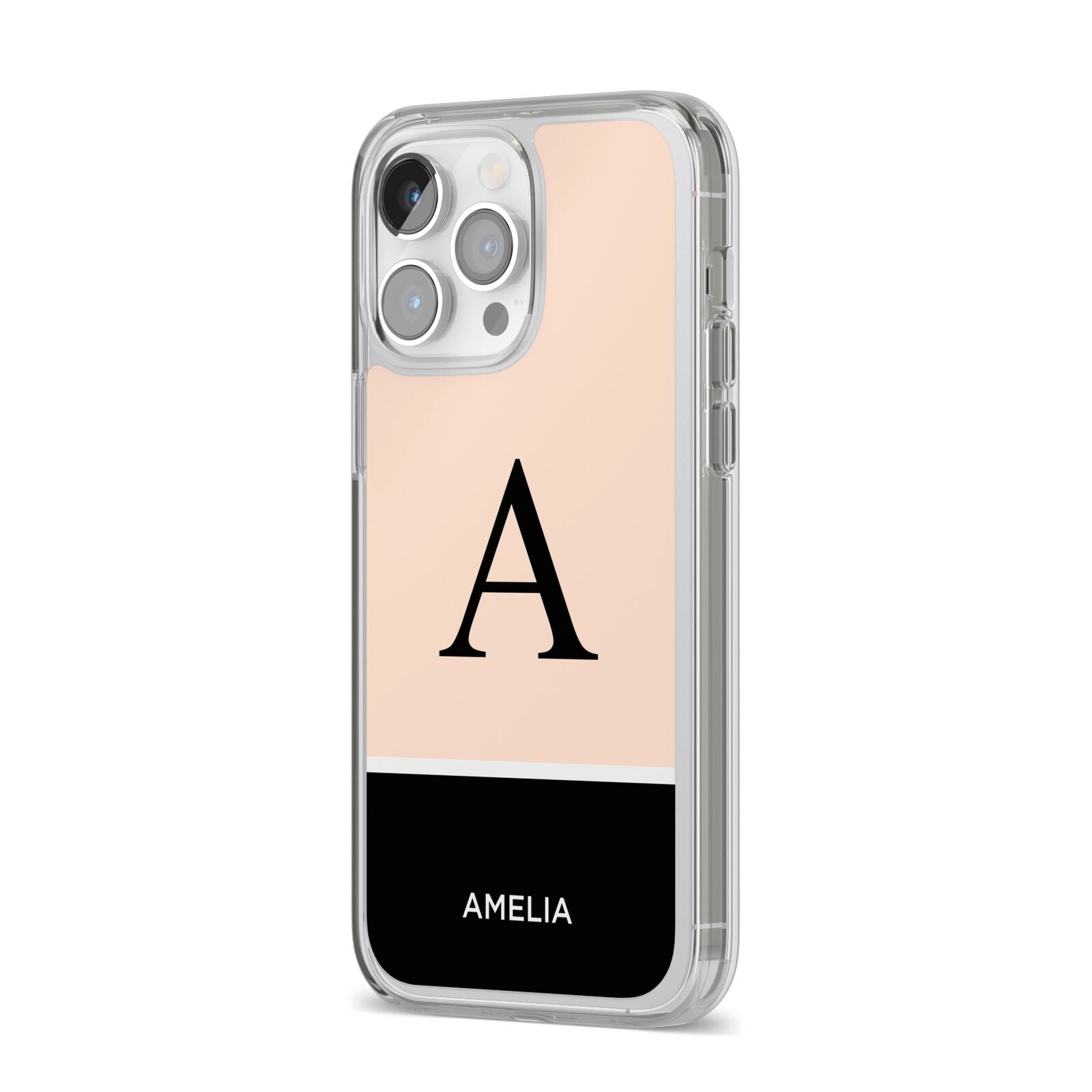 Black Neutral Personalised Initial iPhone 14 Pro Max Clear Tough Case Silver Angled Image