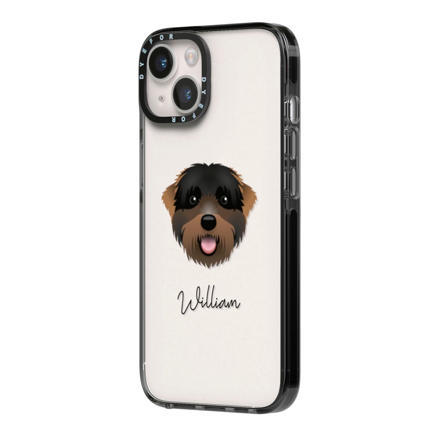 Black Russian Terrier Personalised iPhone 14 Black Impact Case Side Angle on Silver phone