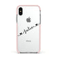Black Sloped Handwritten Name Apple iPhone Xs Impact Case Pink Edge on Silver Phone
