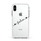 Black Sloped Handwritten Name Apple iPhone Xs Impact Case White Edge on Silver Phone