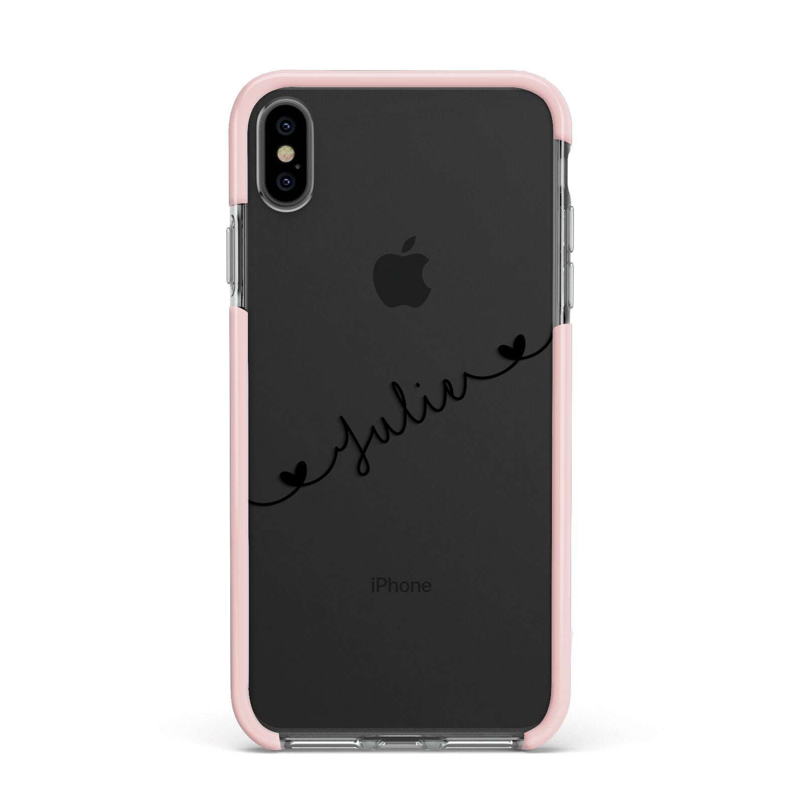 Black Sloped Handwritten Name Apple iPhone Xs Max Impact Case Pink Edge on Black Phone