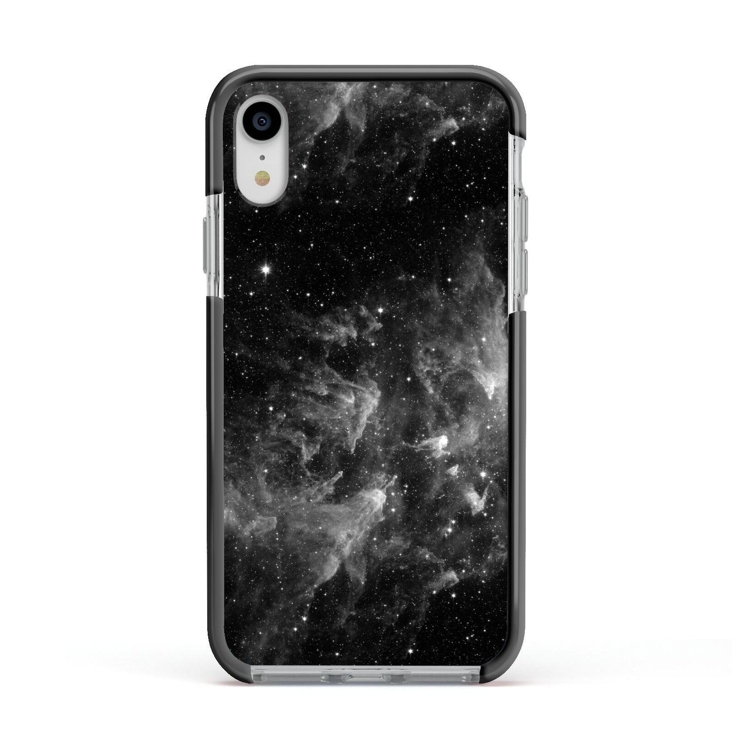 Black Space Apple iPhone XR Impact Case Black Edge on Silver Phone