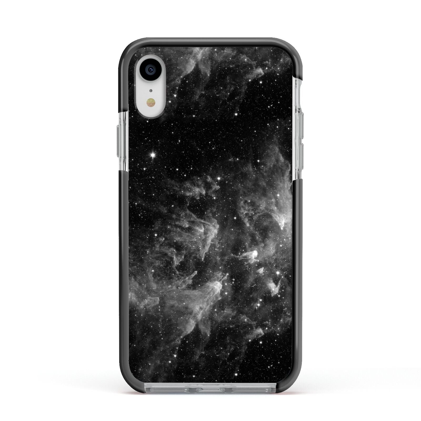 Black Space Apple iPhone XR Impact Case Black Edge on Silver Phone