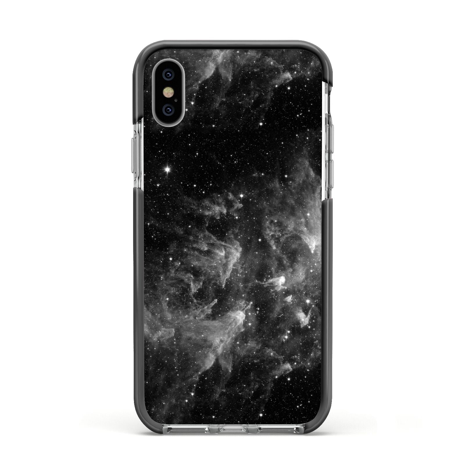 Black Space Apple iPhone Xs Impact Case Black Edge on Silver Phone