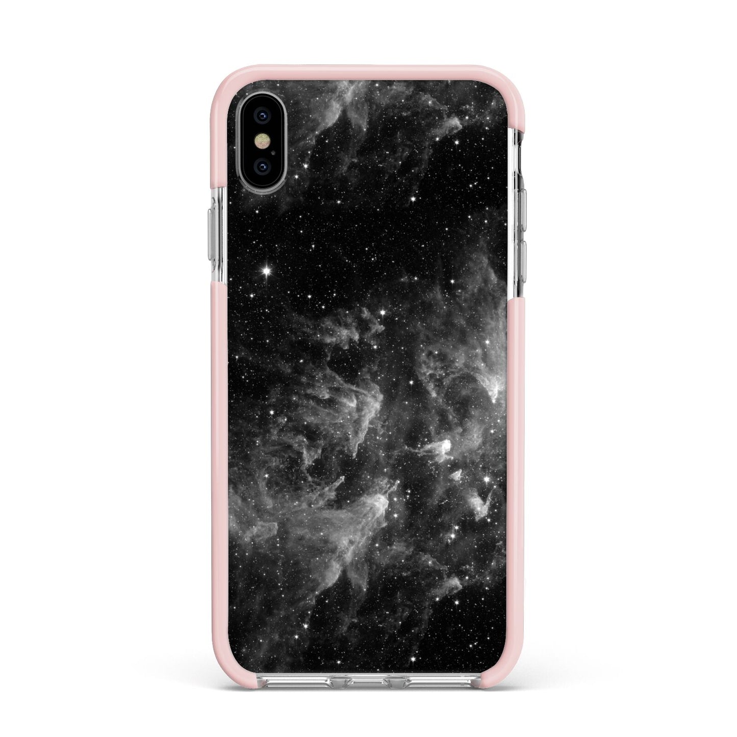 Black Space Apple iPhone Xs Max Impact Case Pink Edge on Silver Phone