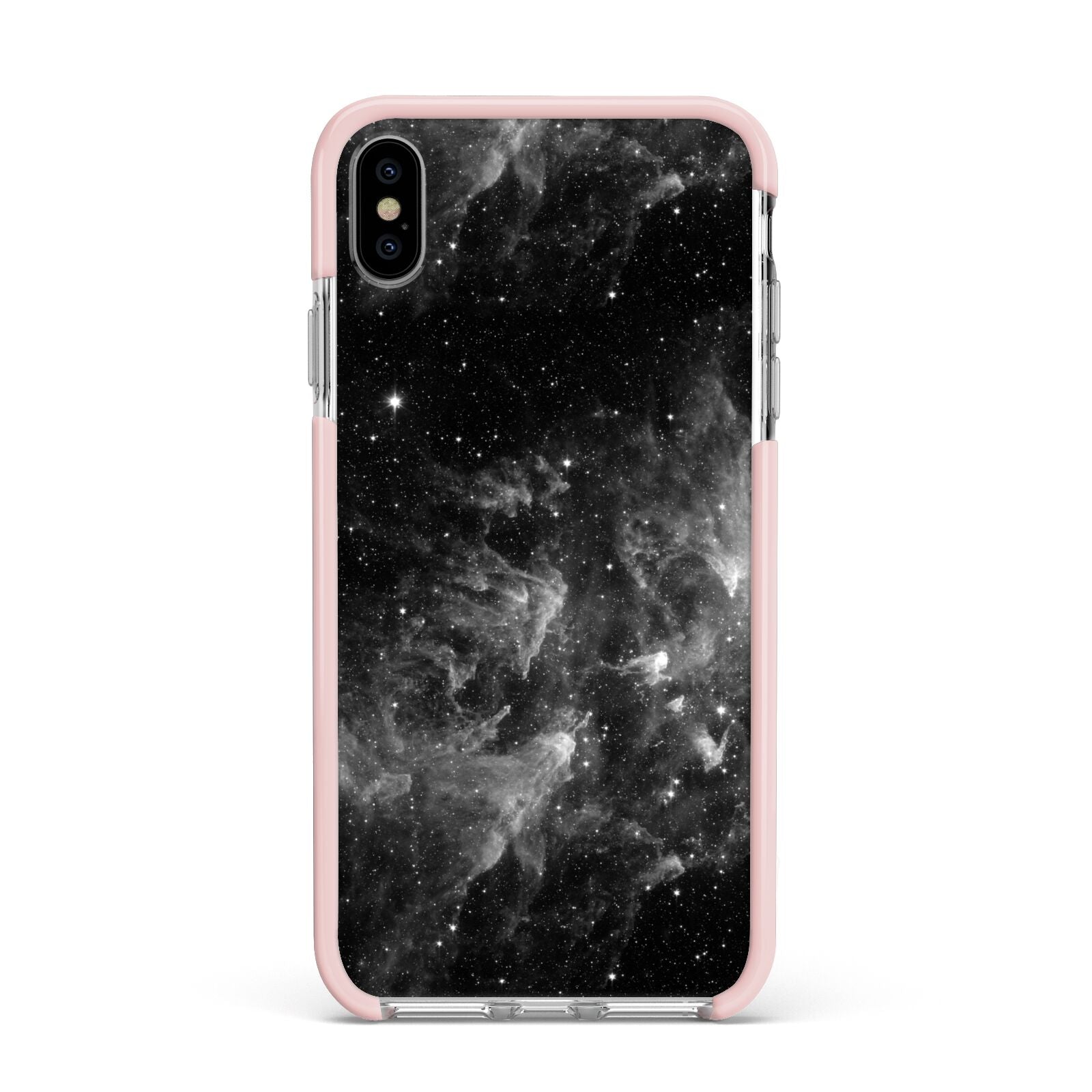 Black Space Apple iPhone Xs Max Impact Case Pink Edge on Silver Phone