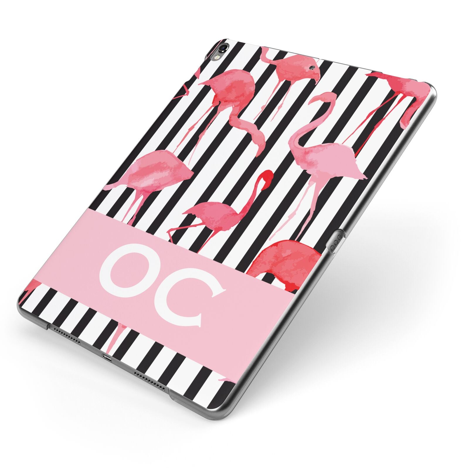 Black Striped Flamingo Apple iPad Case on Grey iPad Side View